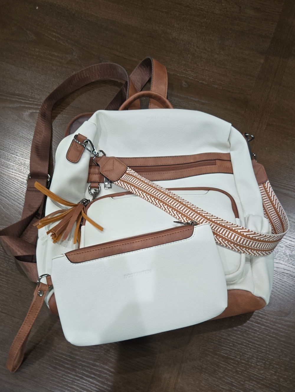 Bostonian White and Tan Convertible Women’s Backpack with Removable Pouch